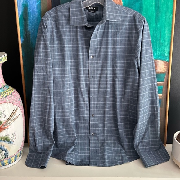 DKNY Men's Gray Checkered Button-Down Shirt 15.5 - Picture 12 of 13